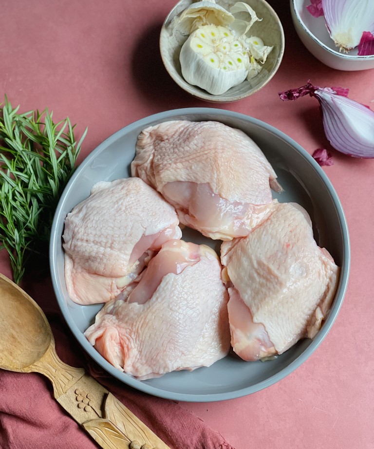 Pasture-raised chicken thighs from Credo Farms